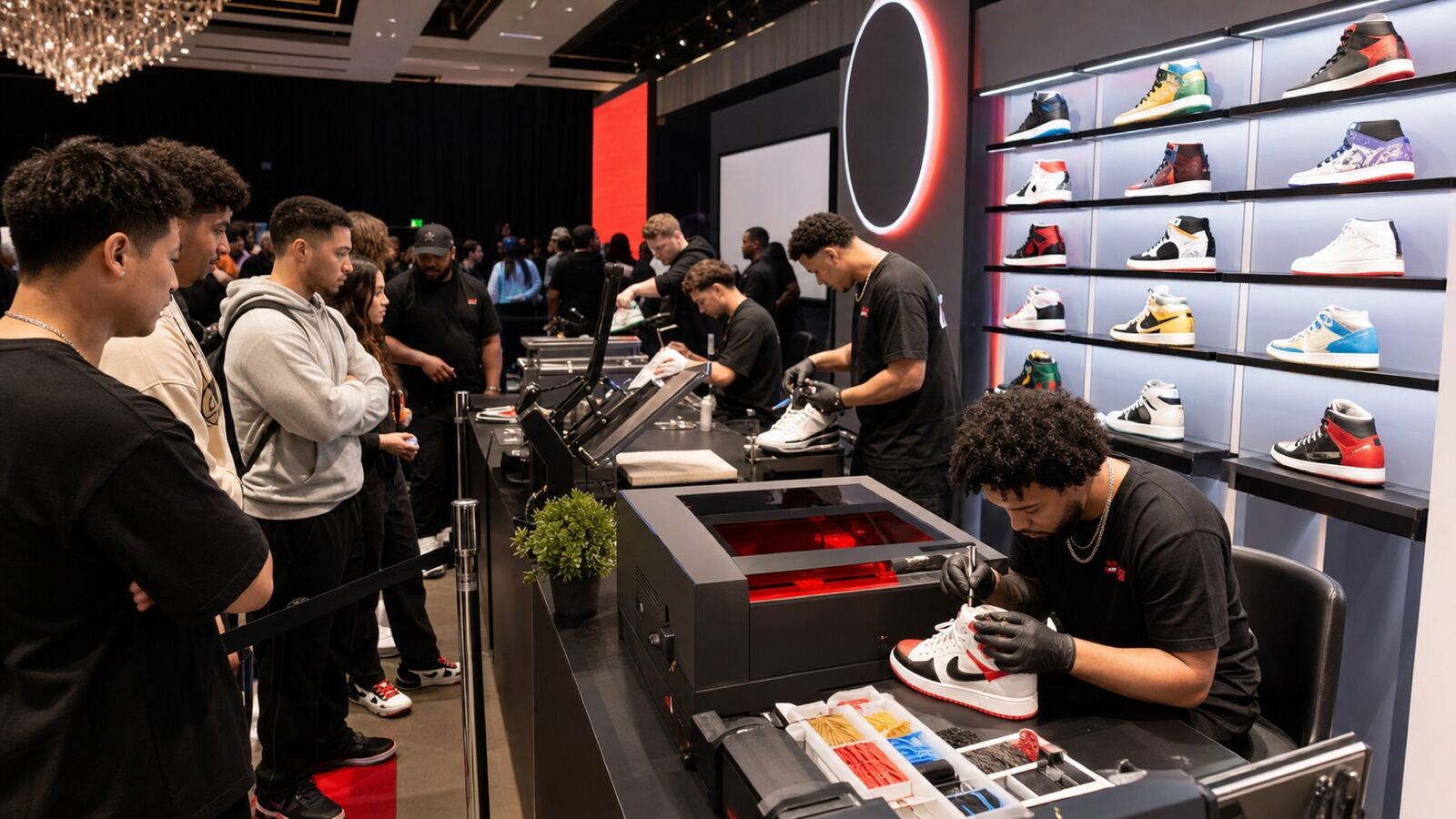 Sneaker-event merch booth with displayed apparel and print station
